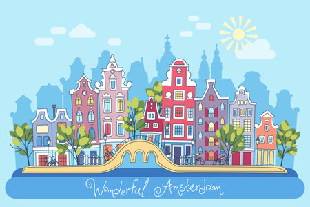 Spring Amsterdam city with traditional european housesのイラスト素材