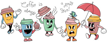 Set of vintage groovy characters, walking Coffee Cup and text Coffee is always a good ideaのイラスト素材