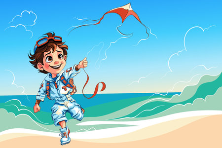 Cartoon boy in pilot suit runs along seashore, flying kite, with aviator goggles and happy smilingのイラスト素材