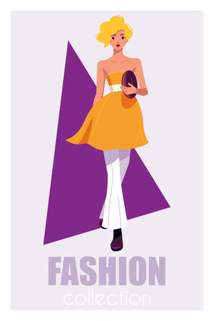 Female model dressed in haute couture clothing on fashion show. Flat vector posterのイラスト素材