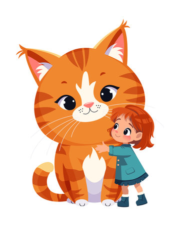 Smiling cute girl kid hugging happy big ginger tabby cat. Flat vector isolated illustrationのイラスト素材