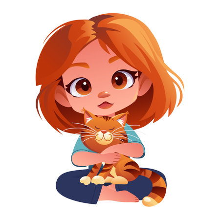 Cute sad girl kid hugging happy ginger tabby cat. Cartoon flat vector isolated illustrationのイラスト素材
