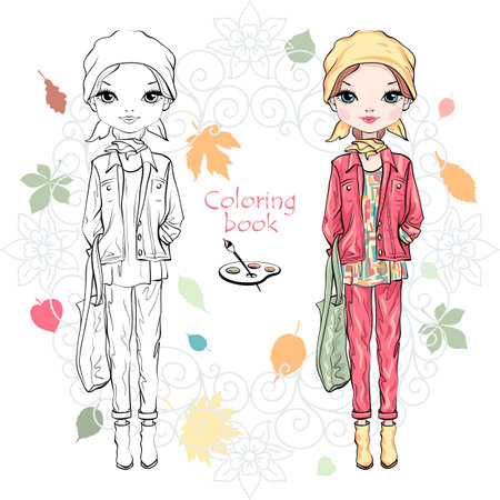Vector Coloring Book of cute fashion girl in autumn clothesのイラスト素材