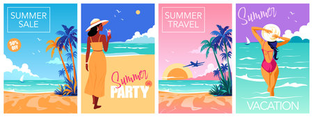 Summer time and Travel concept design. Set of poster with tropical beachのイラスト素材