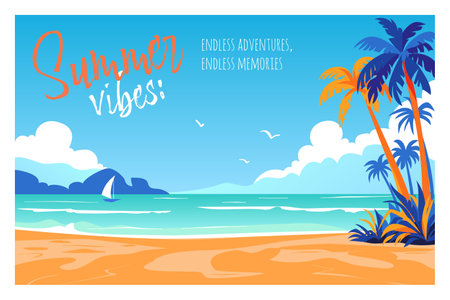 Summer Adventure and Travel concept design. Typography Letter and tropical beach with palm treesのイラスト素材