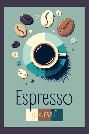 Vector vintage Cartoon Espresso Yourself Poster with coffee cup surrounded by colorful coffee beansのイラスト素材