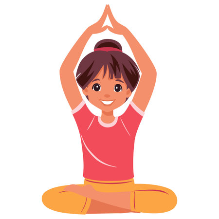 Kid girl doing yoga half Lotus pose Ardha Padmasana. Fitness concept. Flat vector on whiteのイラスト素材