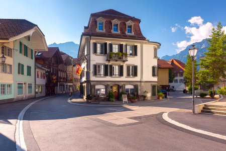 Traditional houses in Old City of Unterseen Interlaken, Switzerlandの写真素材