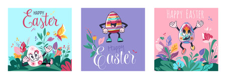 Set of Easter poster with happy Holiday personage Groovy egg character among spring flower