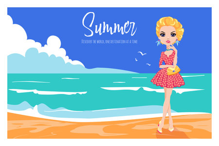 Summer and Travel concept design. Young fashion woman on tropical beach with palm treeのイラスト素材