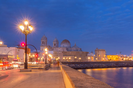 Cathedral de Santa Cruz at night in Cadiz, Andalusia, Spainの写真素材