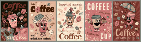 Vector set of vintage groovy Cartoon Cheerful Coffee Cup Posterのイラスト素材
