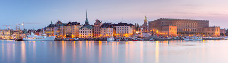 Panoramic view of the old town city waterfront at sunset, Stockholm, Swedenの写真素材
