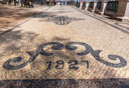 Decorative Portuguese pavement with black and white stone patterns carved on the Miradouro de Santa Catarina in Lisbon, Portugalの写真素材