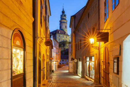 Narrow street view with historic architecture in Cesky Krumlov, Czech Republicの写真素材
