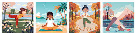 Set girls practicing yoga in various natural fictional landscapes, forest, beach and mountains. Fitness outdoor concept. Flat vector illustration.のイラスト素材