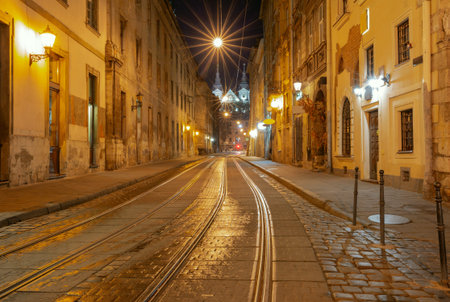 Night view of Rynok Square with historic buildings and tram tracks in Lviv Ukraine