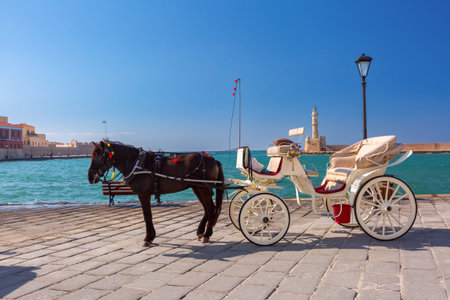 Black horse carriage parked by the sea near the lighthouse in Chania harbor in Crete, Greeceの写真素材