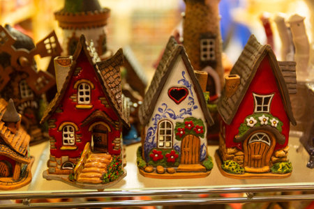 Handmade ceramic house souvenirs with detailed design in Tallinn, Estoniaの写真素材