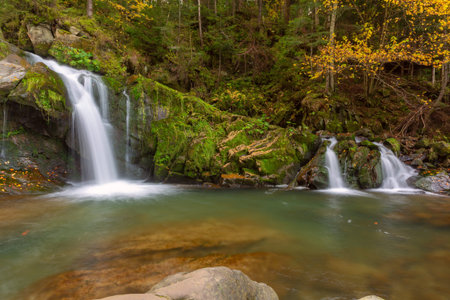 Kamianka Waterfall in Skole Beskids National Park near Skole town, Lviv region, Ukraine, in autumnの写真素材