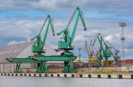 Large green gantry cranes at a cargo terminal in the port of Gdynia, Poland with bulk materials...