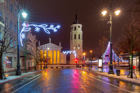 Night view of Vilnius Cathedral and Bell Tower during Christmas in Vilnius, Lithuaniaの写真素材
