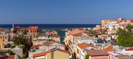 Panoramic view over the old town of Chania with colorful houses and lighthouse near the sea, Crete island, Greeceの写真素材