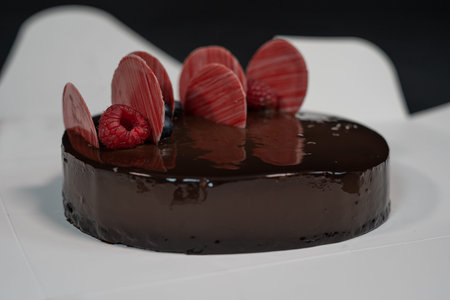 Round glazed chocolate cake with berries on top