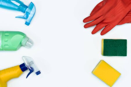 flat-lay Cleaning supplies on white background. Detergents for disinfecting. copy spaceの写真素材