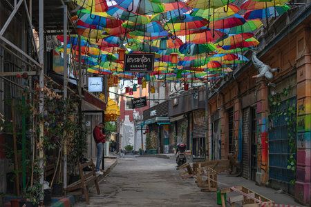 Turkey, Istanbul - May, 2020. Background colorful rainbow different color umbrellas. unban tourist street decoration.のeditorial素材