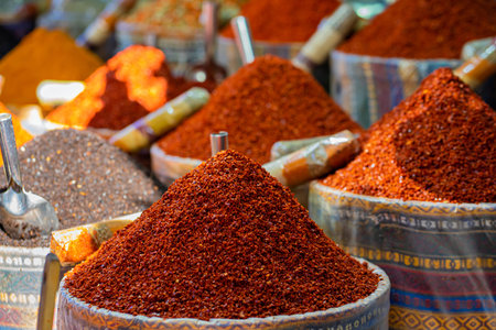 Various bright colored powder spices on market in Istanbul, Turkey.