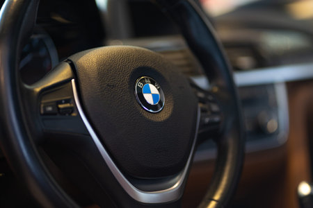 Istanbul, Turkiye - September 2020:View of BMW Logo on Car Steering Wheel