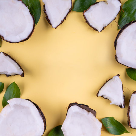 Summer holiday tropical flat lay mockup background. green leaves, cocnut piece slice yellow on...