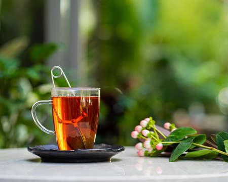 cup of fresh aromatic tea on table with nature flowers backgroundの写真素材