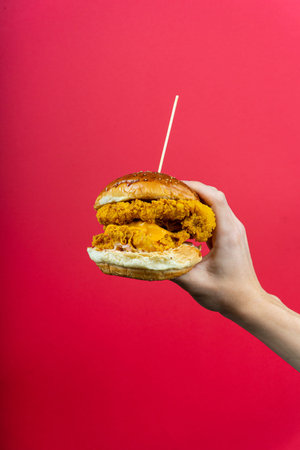 human hand holding tasty hamburger cheeseburger burger isolated on red background