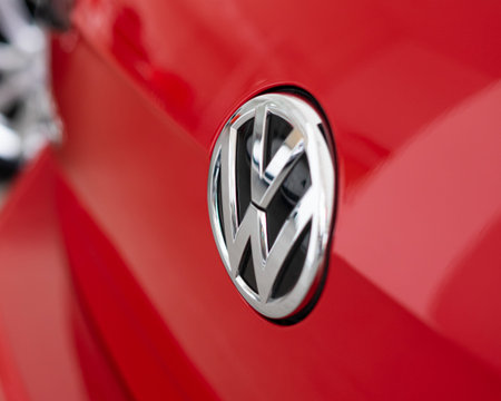 Istanbul, Turkiye - April 2021:close up of Volkswagen Logo on Car