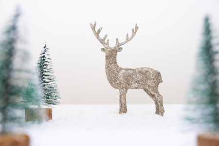 Decoration christmas tree new year background with snowflakes and deer white background copy spaceの写真素材