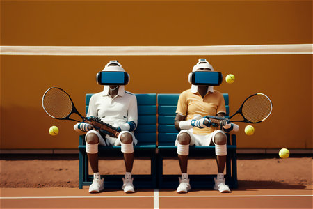 two man in vr virtual reality glasses and tennis clothes sit and hold tennis racquet to play in virtual big tennis. generative aiの写真素材