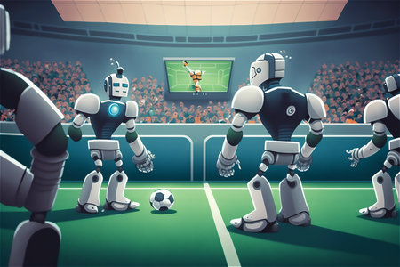 Man and robots partnership Cyborgs playing football on field and humans watching game on stadium. Generative aiの素材