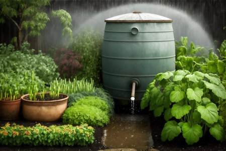 Rainwater harvesting system, rainwater reusing for gardening, water barrel. generative aiの素材
