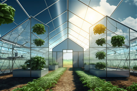 Smart Farming concept. greenhouse with rows of plants. Digital Farming strategies for sustainable agriculture. generative aiの素材