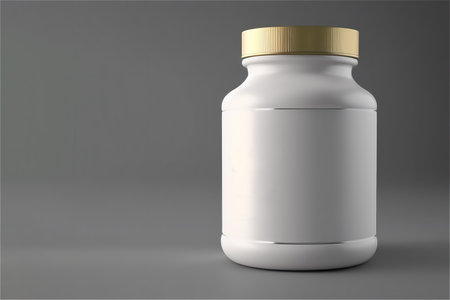 white empty mock up realistic Plastic Packaging jar for medicine supplement or cosmetic product Bottle on grey Background.generative ai.の素材