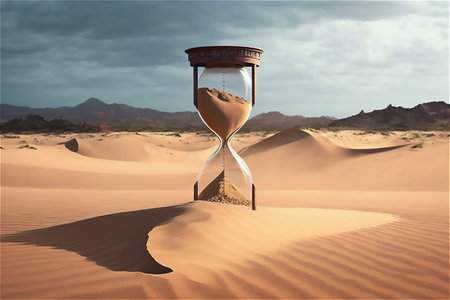sand running through hourglass clock in desert, flowing away. time countdown concept, generative ai.の素材