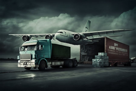 Logistic, worldwide shipment and Fright transportation concept. global business logistic import export by airplane, trucks and ships.generative ai.の素材