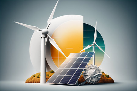 Sustainable energy from wind and sun. Power plant stations with solar and turbines skyline.Solar panels and wind turbines.generative ai.の素材