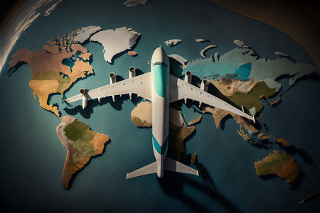 airplane flying above world map. Around the world travelling concept, airplane trip ravel and tourism. generative aiの素材