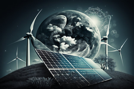 Clean Energy Solar panels and wind turbines technologies renewable sources of energy. reduce carbon emissions.generative aiの素材