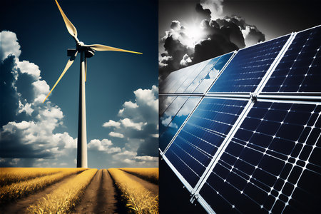 Solar panels and wind turbines.Clean energy from renewable sources. Windmills and solar panels skyline backdrop.generative ai.の素材