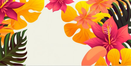 Jungle-inspired tropical motif with blooming flowers and lush palm leaves in a colorful design. generative aiの素材