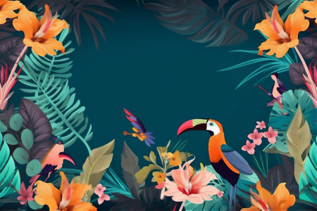 Jungle-inspired pattern with tropical flowers and palm leaves in a colorful, vibrant design frame background. generative aiの素材